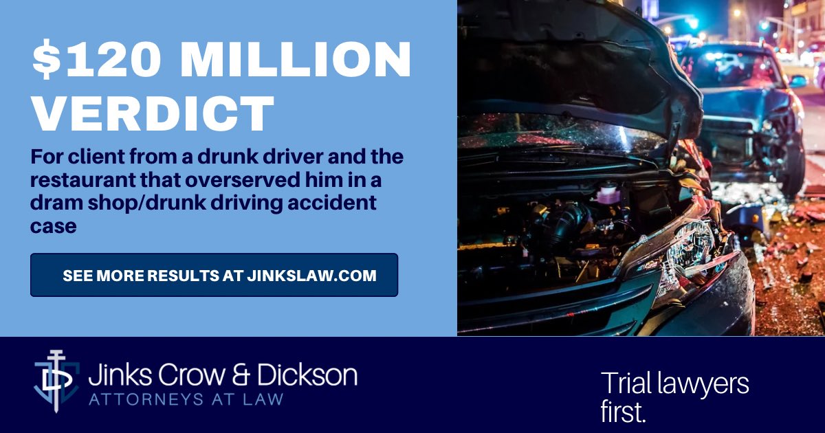 AlabamaLawTeam's tweet photo. Though these recoveries are not an indication of future results, we are proud of the results we have obtained for our clients. Jinks Crow &amp; Dickson obtained a $120 million verdict for clients from the drunk driver and the restaurant that over-served him. #TrialLawyersFirst https://t.co/qFALhJ4Cez