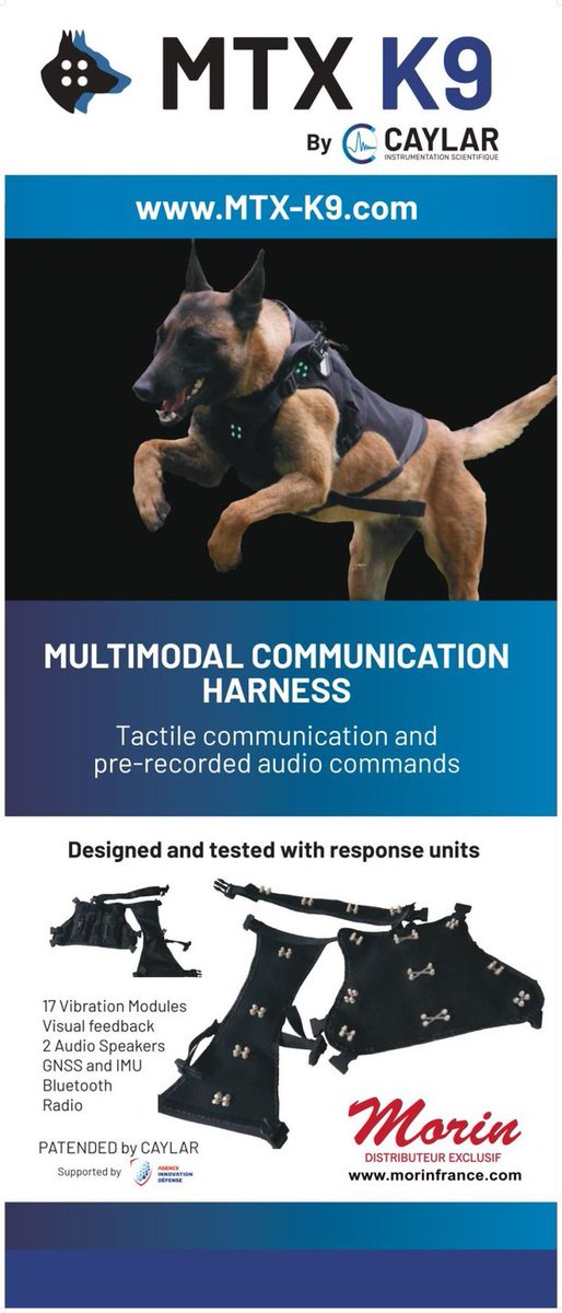 CAYLAR_SAS's tweet photo. @CAYLAR_SAS sera présent à Eurosatory pour vous présenter son harnais vibrant MTX-K9 permettant une communication à distance entre le chien et le maître. Venez-nous voir sur le stand Morin, pavillon @EDENcluster, Hall 5, Stand F667.
@Agence_ID https://t.co/pOfkw7OTZq