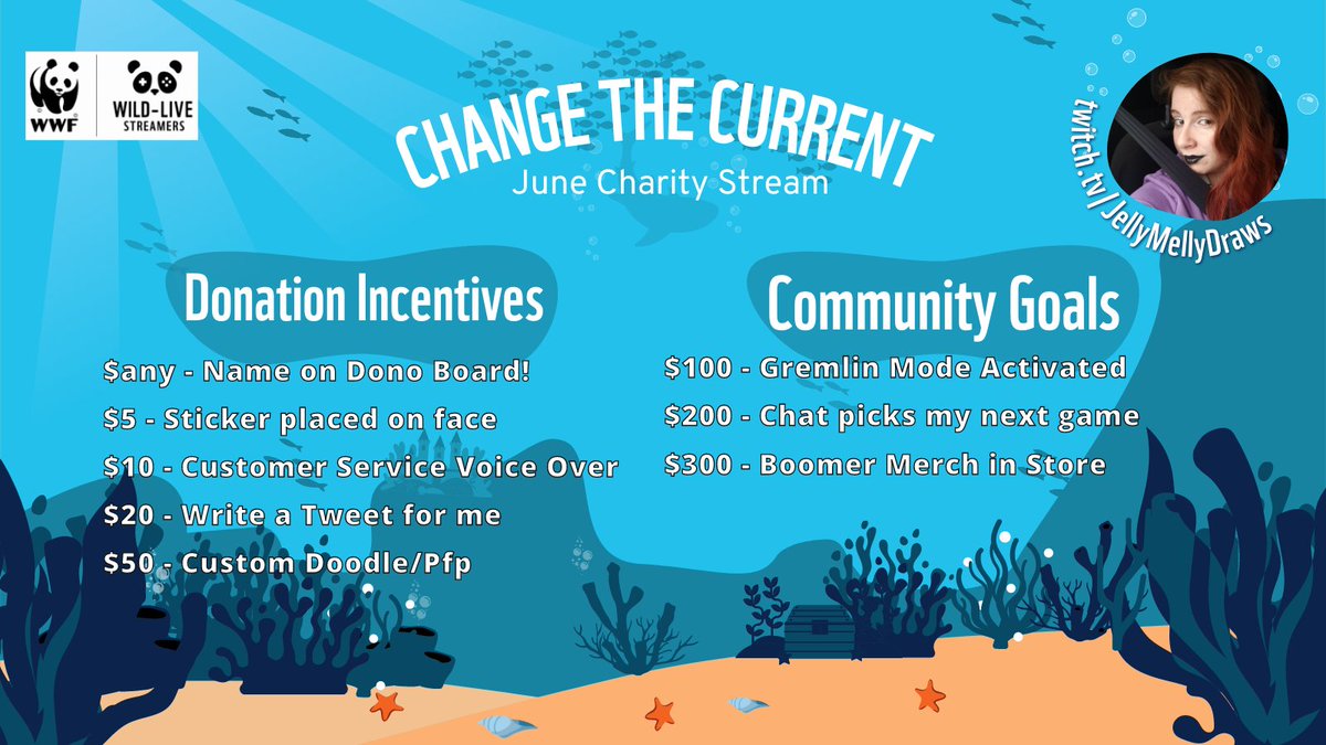 JellyMellyDraws's tweet photo. FIRST CHARITY STREAM HYPE!!
We got stickers! We got shenanigans! But most importantly we got a chance to help our oceans with WWF and talk about sustainable fishing to protect our marine ecosystems!

#WorldOceansDay #WWF #fundraising https://t.co/kvA4IeSYZG