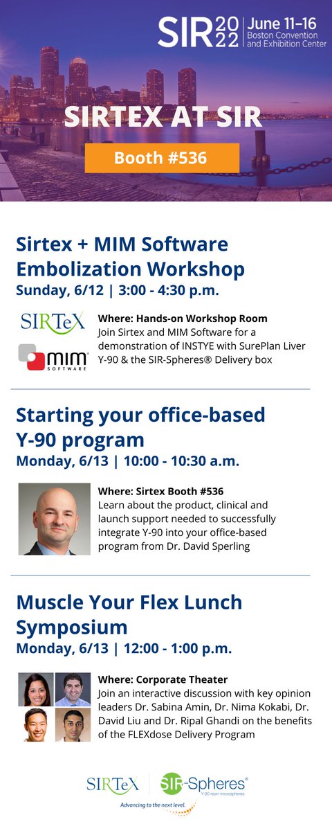 SirtexMedical's tweet photo. It's good to be back at #SIR22BOS!

Here's where you can find all the Sirtex key activities going on this week, including hands-on workshops, live demonstrations, presentations &amp; more. @SIRSpecialists https://t.co/KYhZkPL8Nr
