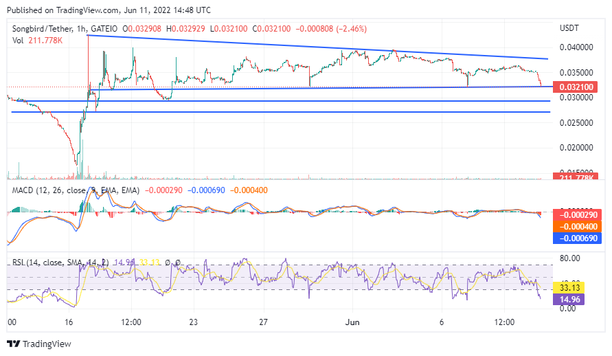 $SGB is currently sitting on support and oversold on the shorter timeframes.  We should see a rise soon but the market could drag it down further.  The daily MACD looks like it may go negative however there are lower levels of support around 0.029 and 0.027.