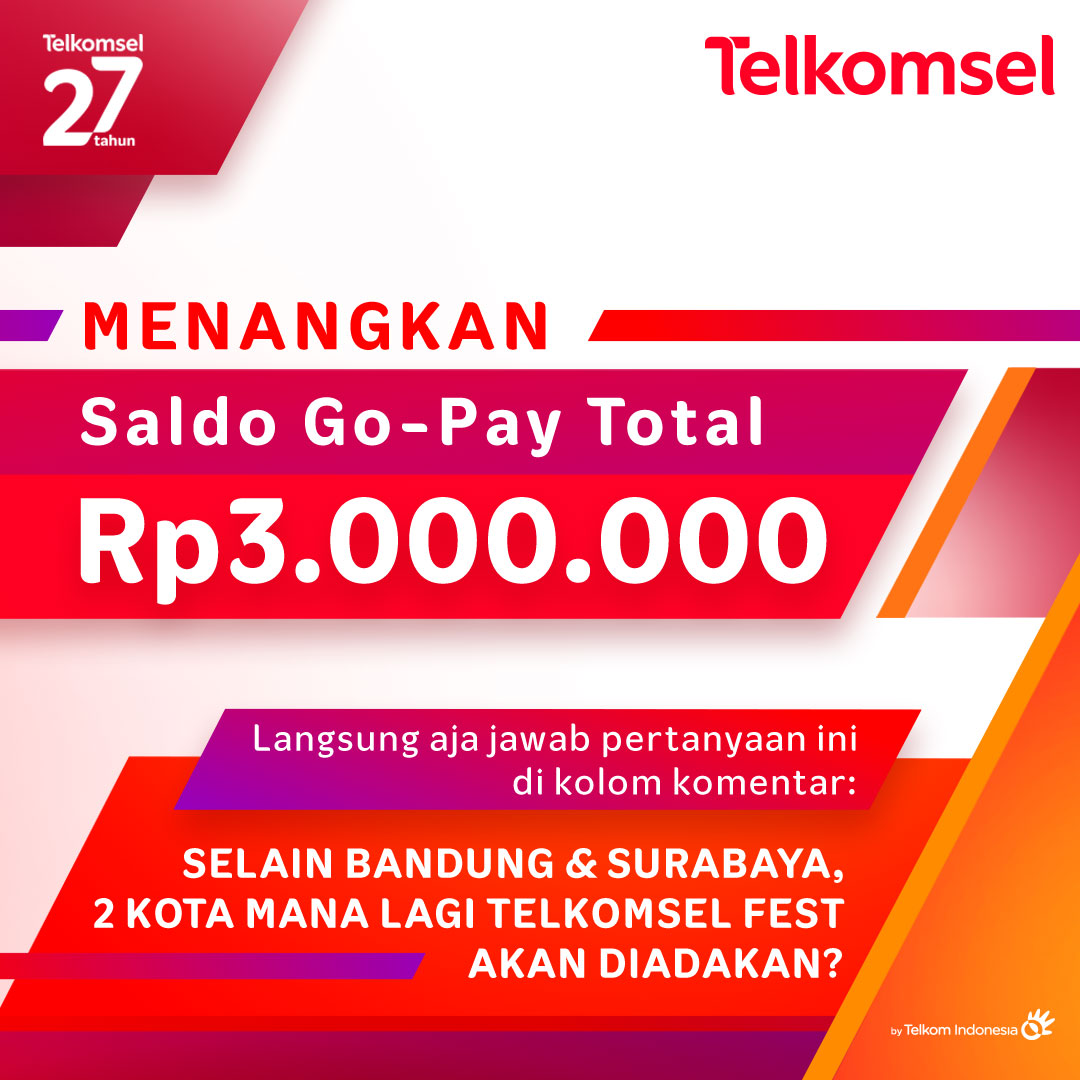 Telkomsel's tweet photo. 💰Mau saldo Go-Pay total 3 juta rupiah?💰

Langsung klik >> https://t.co/eCWuY2yZdA <<

Yuk, ikutan sekarang juga! Sampai jumpa di #TelkomselFest Surabaya ya! #Telkomsel27Tahun https://t.co/u3EIq7C32g