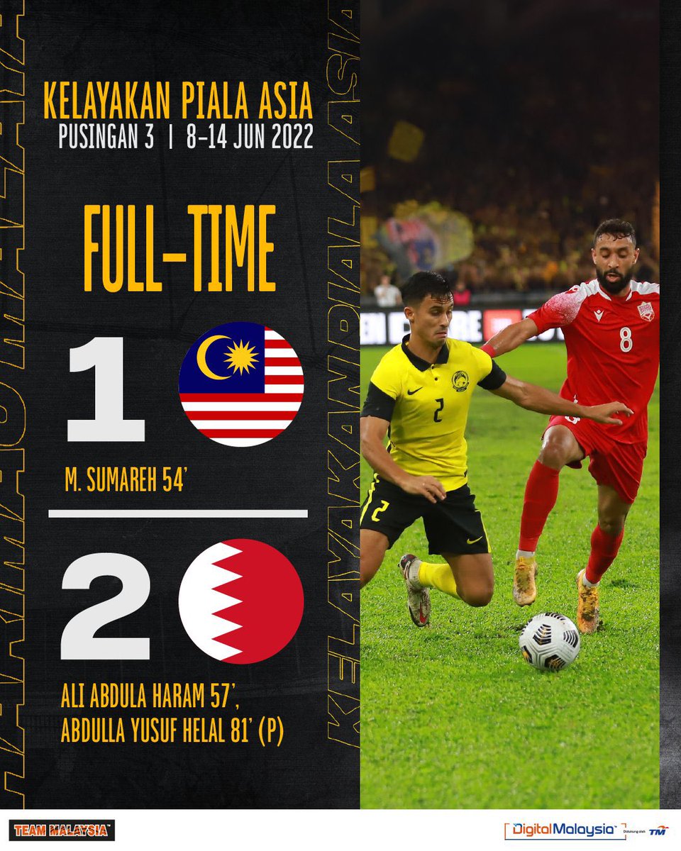kool101my's tweet photo. #AsianQualifiers | #MASvBAH
Kita tidak bernasib baik malam ini, tewas tipis kepada Bahrain di Stadium Nasional Bukit Jalil.
Fokus kepada perlawanan seterusnya! π
#HarimauMalaya
Kredit: @TeamMsia https://t.co/r9vgRBKZly