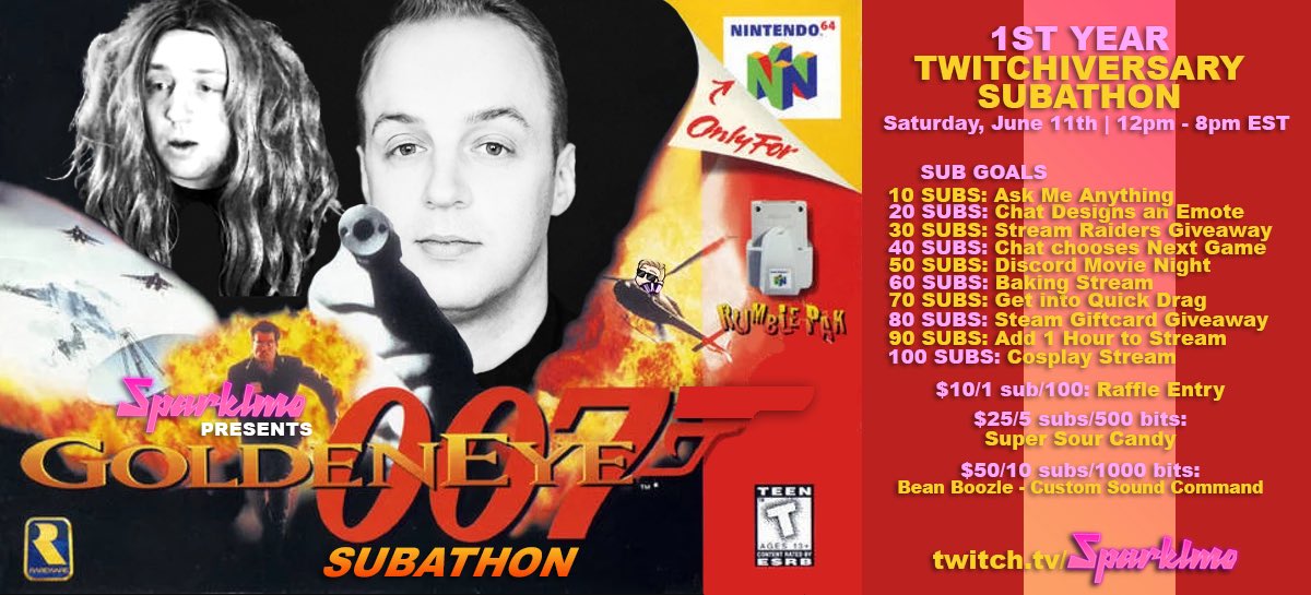 Todays the day! See you at 12pm EST! There will be multiple raffles, sub rewards and fun as we play through Golden Eye on N64! Twitch.tv/sparklmo #gaytwitch #subathon #twitchaversary #lgbttwitch #yyztwitch #gaymer #retrotwitch #twitchstreamer #twitchaffiliate