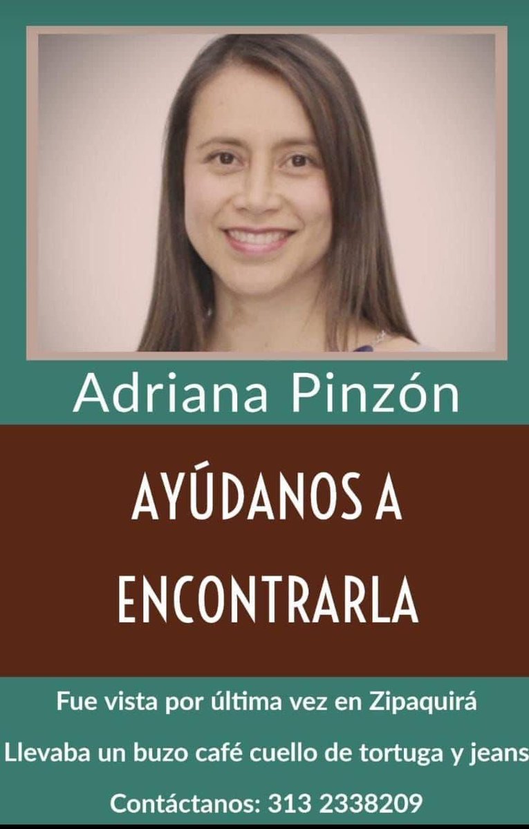 #ServicioSocial | Buscan a Adriana Pinzón, mujer de 40 años, que desapareció el pasado martes tras tomar un servicio de transporte en el municipio de Chía. 

Si tiene información o conoce el paradero de la mujer, comunicarse al número ➡ 313 2338209