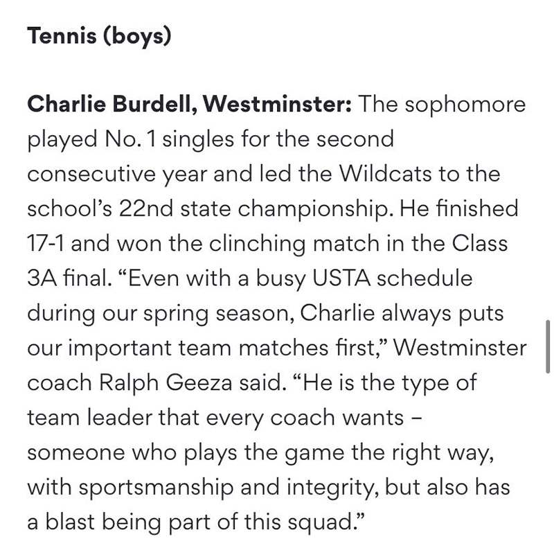 UTATennisATL's tweet photo. Congratulations to UTA player Charlie Burdell. He was named the AJC Georgia High School Association player of the year for tennis. Way to go on this amazing achievement, Charlie!
#UTATennisATL #GameSetUnmatched https://t.co/ZJdPPb2a6Q