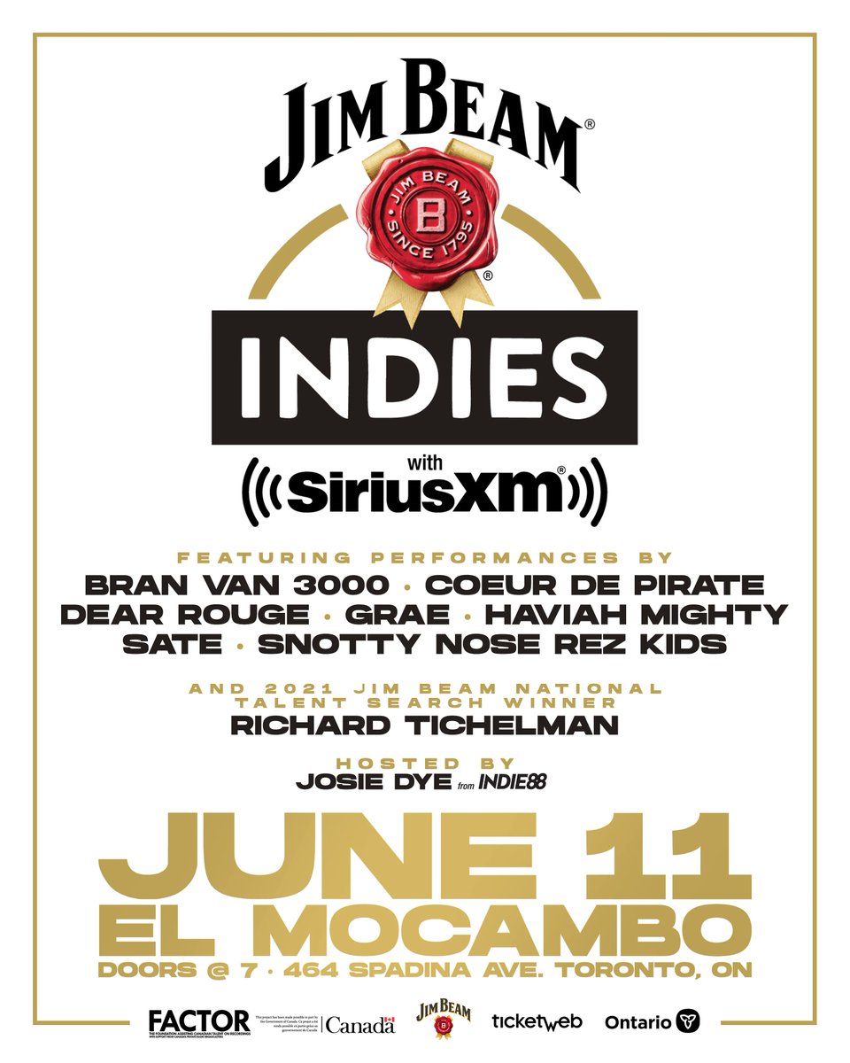 at 8 PM Eastern, the 2022 Jim Beam® INDIE Awards will be happening live at the El Mocambo. Hosted by @josiedye from @Indie88Toronto Visit buff.ly/39g3Ra5 for more details and tickets. @JimBeam @siriusxmcanada @theelmocambo