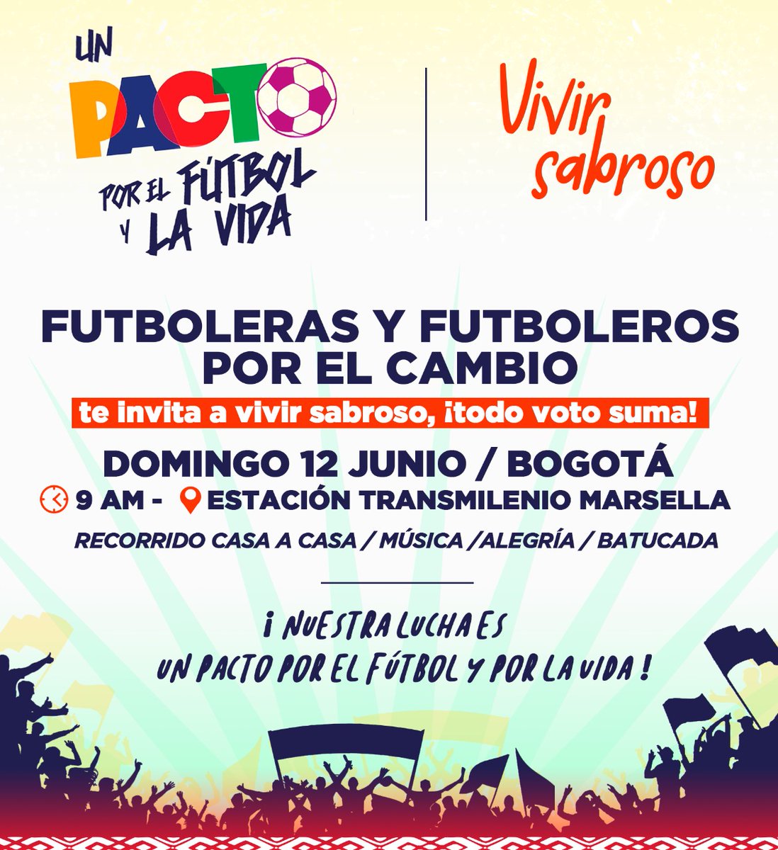 FutbolerosYC's tweet photo. Nos vemos mañana 1⃣ 2️⃣ de junio en la estación Marsella desde las 9:00 am 🃏🥁🎷🎶

Vamos todos y todas a #VivirSabroso 

#NuestraCausaEsLaVida #PactoPorElFútbolYPorLaVida #PetroPresidente #FranciaVicepresidenta 

⚽💜💙💚💛🧡❤️ https://t.co/yFFjn6x34S