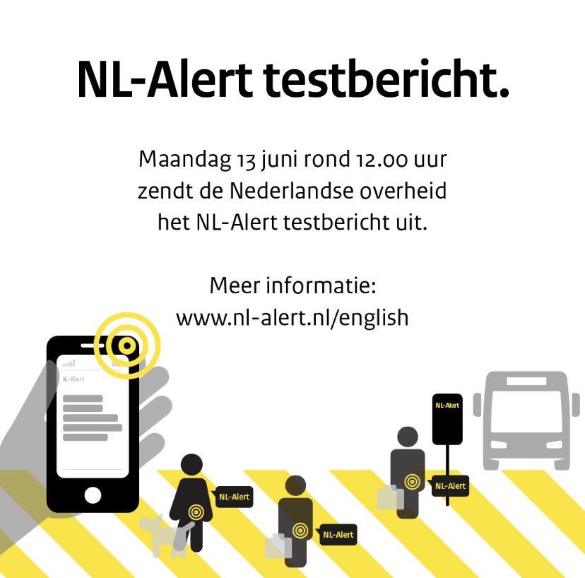 Maandag 13 juni ontvangt u weer een NL-Alert  testbericht.
