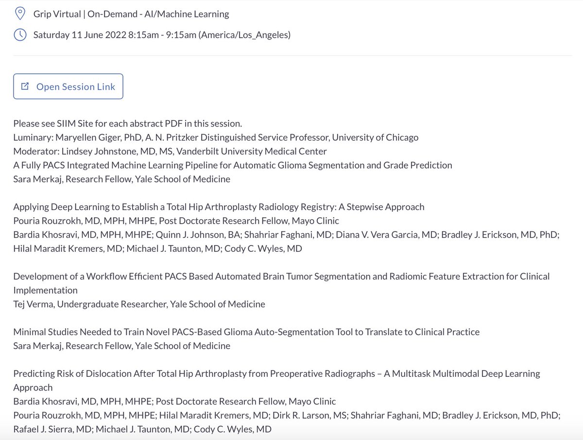 Exciting session about to happen <a href="/SIIM_Tweets/">SIIM</a> with <a href="/MerkajSara/">Sara Merkaj</a> &amp; <a href="/tejverma0723/">Tej Verma</a> presenting their work on PACS-integrated #AI tools for incorporation of AI into clinical practice <a href="/YaleRadiology/">Yale Department of Radiology & Biomedical Imaging</a> #SIIM22 <a href="/radiology_ninja/">Ichiro Ikuta, MD, MMSc</a> <a href="/MingDeLin1234/">Ming Lin</a>