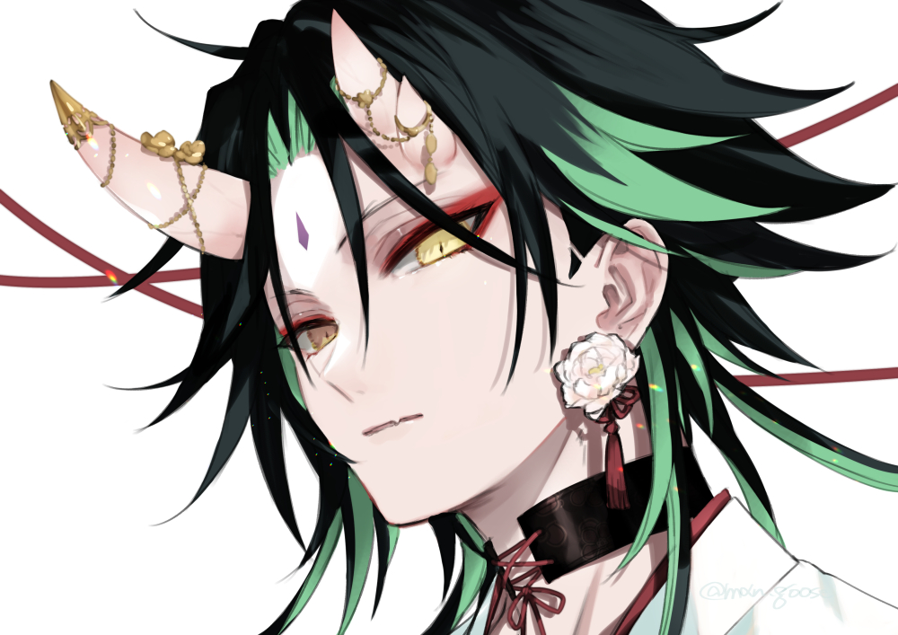xiao (genshin impact) 1boy horns male focus green hair solo yellow eyes black hair  illustration images
