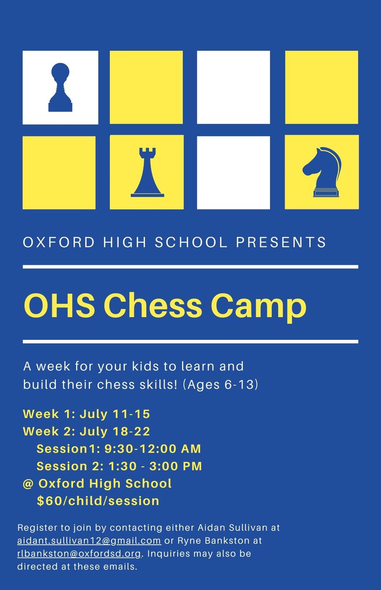 Check out this opportunity for your student (ages 6-13) to learn from our best chess players at OHS in July!
