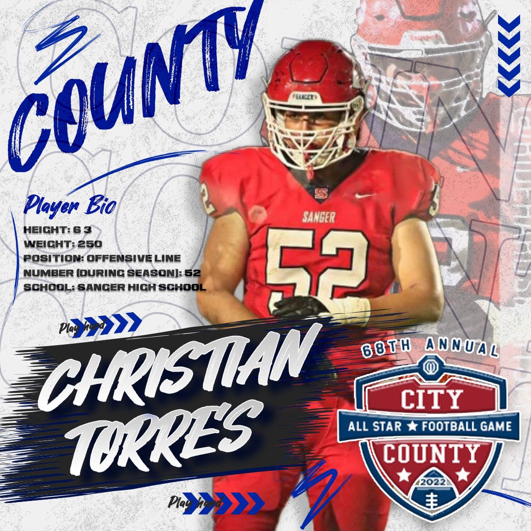 Congratulations Christian Torres from Sanger High School for being selected to the COUNTY team for 68th Annual City / County All-Star game on June 17th, 2022! 

#CityCountyAllStars | #CityCountyAllStarGame