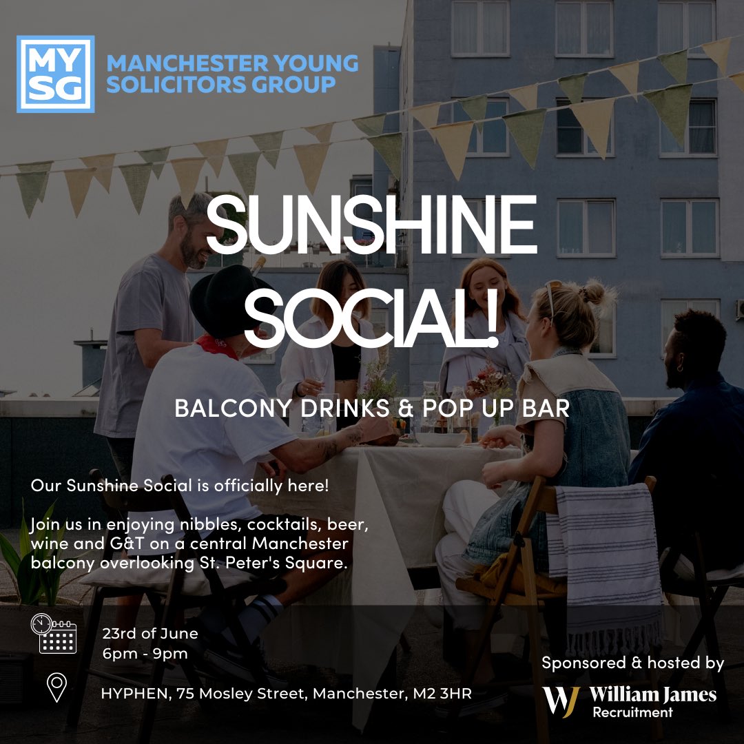 Join us on 23rd June for our Sunshine Social kindly sponsored and hosted by <a href="/WJRecruitment/">William James Recruitment</a> 🌞🎉 expect cocktails, beers and nibbles on their lovely rooftop overlooking St Peter’s Square! This is not one to miss! Tickets here - eventbrite.co.uk/e/mysg-social-…