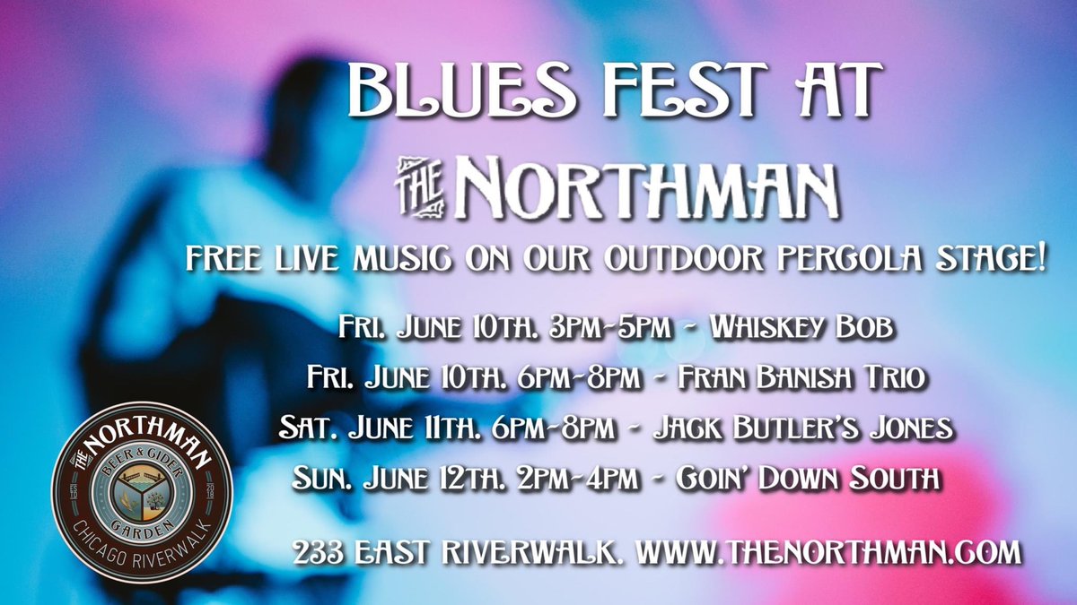 Celebrating #ChicagoBluesFestival w/FREE #livemusic this wknd:

Fri. 6/10 3pm-5pm Whiskey Bob
& 6pm-8pm Fran Banish Trio
Sat. 6/11 6pm-8pm Jack Butler's Jones
Sun. 6/12 2pm-4pm Goin' Down South

#BluesFest #Chicagoblues #bluesfestival #DCASE #bluesfest2022 #bluesfestchicago