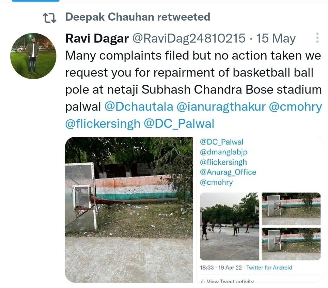 DigamberChaudh7's tweet photo. It has been 4+ month complete this basketball pole breakdown at neta ji Subhash Chandra Bose stadium palwal but the authority ignore and please request to take action as soon as possible.@DC_Palwal @Dchautala @mlkhattar @eepwdpalwal @AmitShah @flickersingh @cmohry https://t.co/7njEEeZj3P