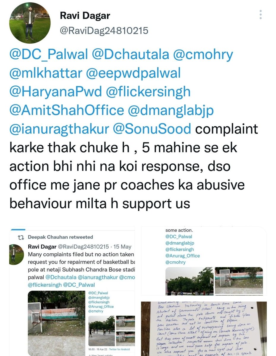 DigamberChaudh7's tweet photo. It has been 4+ month complete this basketball pole breakdown at neta ji Subhash Chandra Bose stadium palwal but the authority ignore and please request to take action as soon as possible.@DC_Palwal @Dchautala @mlkhattar @eepwdpalwal @AmitShah @flickersingh @cmohry https://t.co/7njEEeZj3P