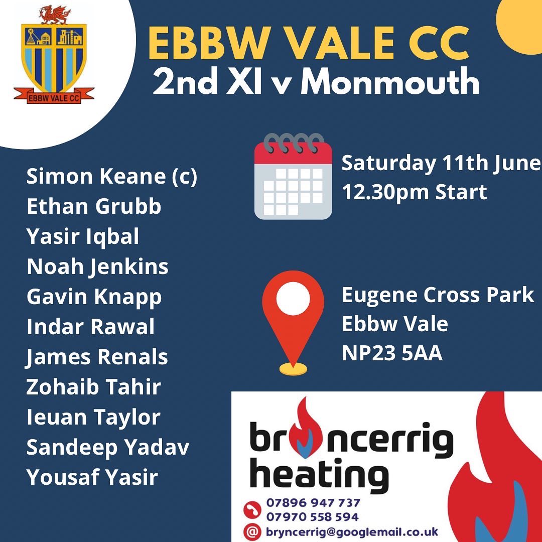 Teams for this Saturday are in 📝 

Many thanks to this week’s match sponsor <a href="/Bryncerrigheat/">Bryncerrig Heating</a> for their support, please check them out for any plumbing &amp; heating requirements 🙌🏻

#EVCC 🏏