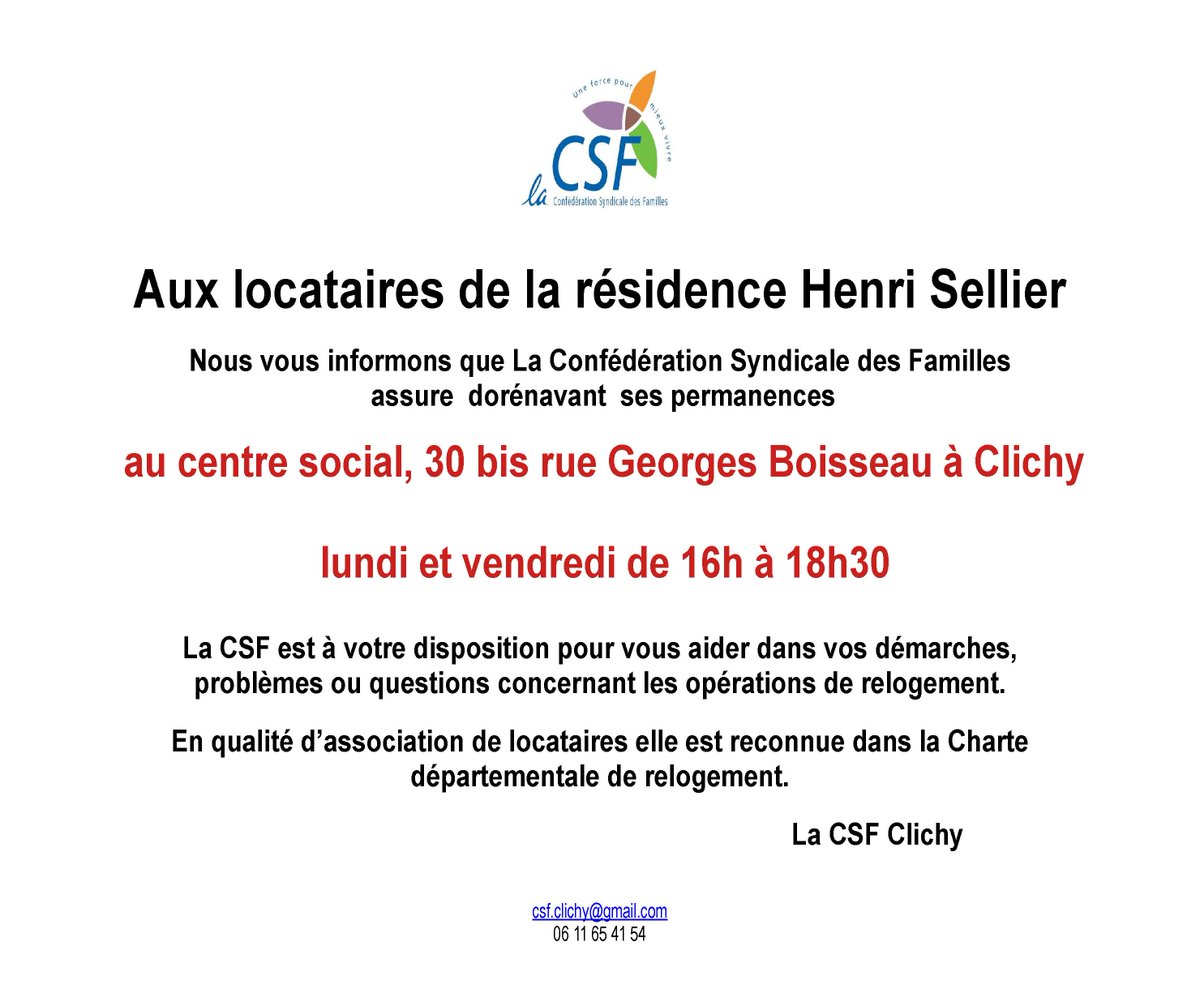 CsfUd92's tweet photo. Résidence Henry Sellier
La CSF assure désormais une permanence pour les locataires deux fois par semaine :
#clichy
#HLM
#LaCSF https://t.co/hYCtExclc0