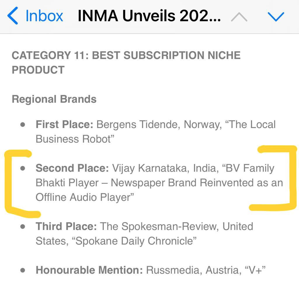 Once again <a href="/Vijaykarnataka/">vijaykarnataka</a> VK (Karnataka’s No.1 read daily) hits a prestigious metal Silver (2nd position) at the world famous <a href="/INMAorg/">INMA</a> Global Media Awards 2022, held at New York today!Super proud of my MMCL team which has cracked a top INMA award each year, for past 4-5 years