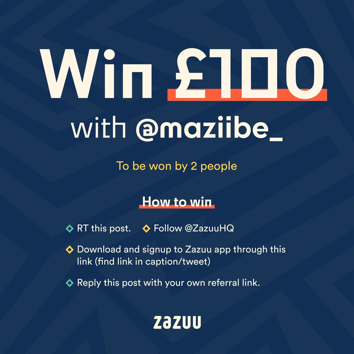 maziibe_'s tweet photo. 💰GIVEAWAY 💰

£100 to Two people each. 

To win. 
- RT this post.
- Follow @ZazuuHQ 
- Download and signup to Zazuu app through this link https://t.co/rle6LE0OWO
- Reply this post with your own referral link. 

Winners will be selected at random. https://t.co/gSd1SPHyTu