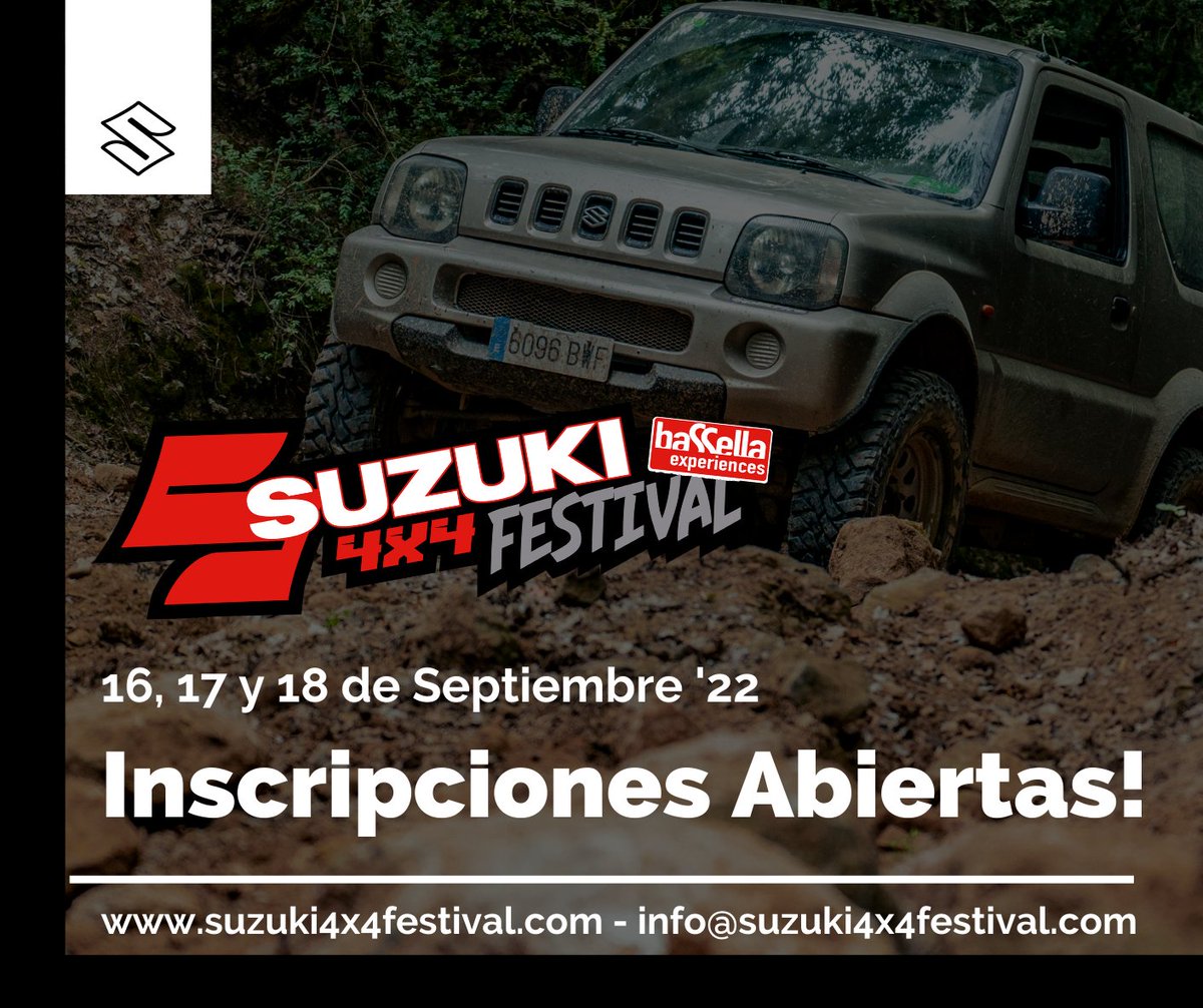 Ya tenemos aquí la 2.ª edició de la @Suzuki4x4Festival, el mayor evento europeo #Suzuki4x4 dedicado en exclusiva a la marca Japonesa, que tendrá lugar en <a href="/baSSellaexperts/">baSSella experiences</a>, Cataluña (Lérida) durante los dias 16, 17 y 18 de Sept.

No te quedes fuera!
suzuki4x4festival.com