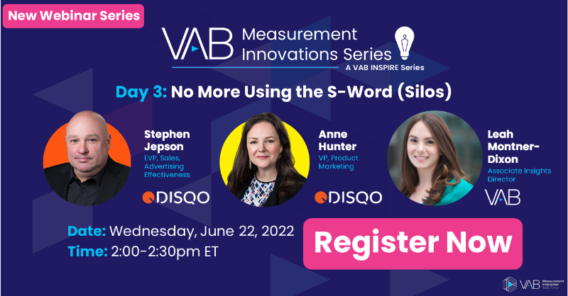 VABintel's tweet photo. Join us for Q2 of our Measurement Innovations Series week of 6/20 focused on #AudienceMeasurement by highlighting measurement platforms that quantify and count audiences. You’ll hear from @Vizio, @DISQO, @Comscore, @Marketcastllc and more! Save your spot for each session below.