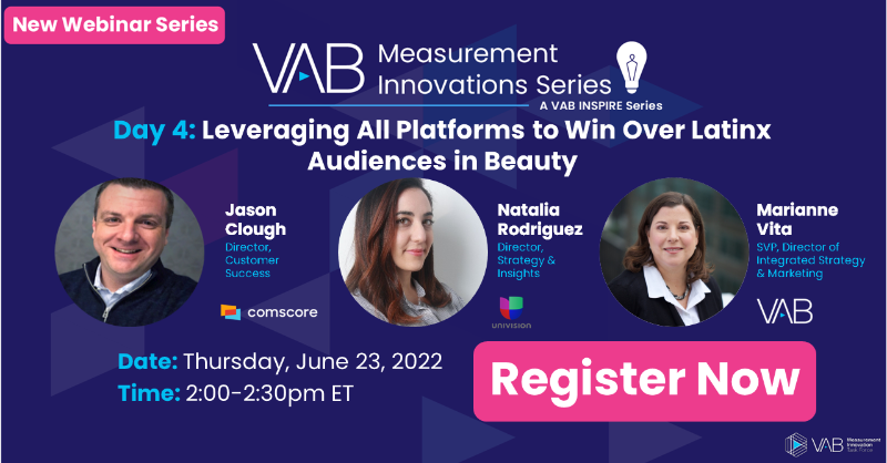 VABintel's tweet photo. Join us for Q2 of our Measurement Innovations Series week of 6/20 focused on #AudienceMeasurement by highlighting measurement platforms that quantify and count audiences. You’ll hear from @Vizio, @DISQO, @Comscore, @Marketcastllc and more! Save your spot for each session below.