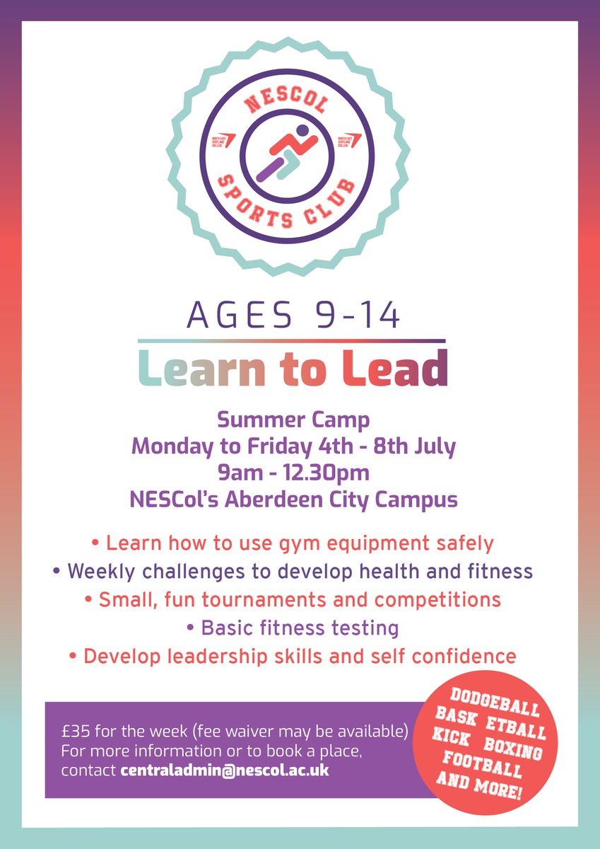 The NESCol Sports Club for young people aged 9-14 is returning for summer!  Members will take part in a variety of fun activities, develop leadership skills, self confidence and make new friends.
Find out more: nescol.ac.uk/nescol-sports-…