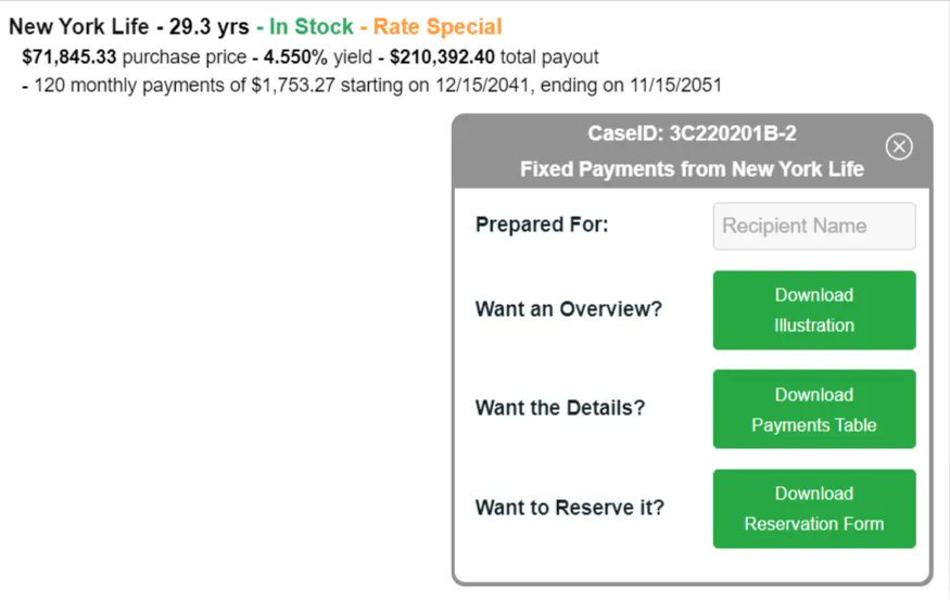 dcfannuities's tweet image. Featured #DCFIncomePayments
New York Life - 29.3 yrs - In Stock - Rate Special
$71,845.33 purchase price - 4.550% yield - $210,392.40 total payout

CaseID: 3C220201B-2
Get details and reserve here: buff.ly/38V3FNa

#DeferredIncome #RetirementIncome #EstatePlanning
