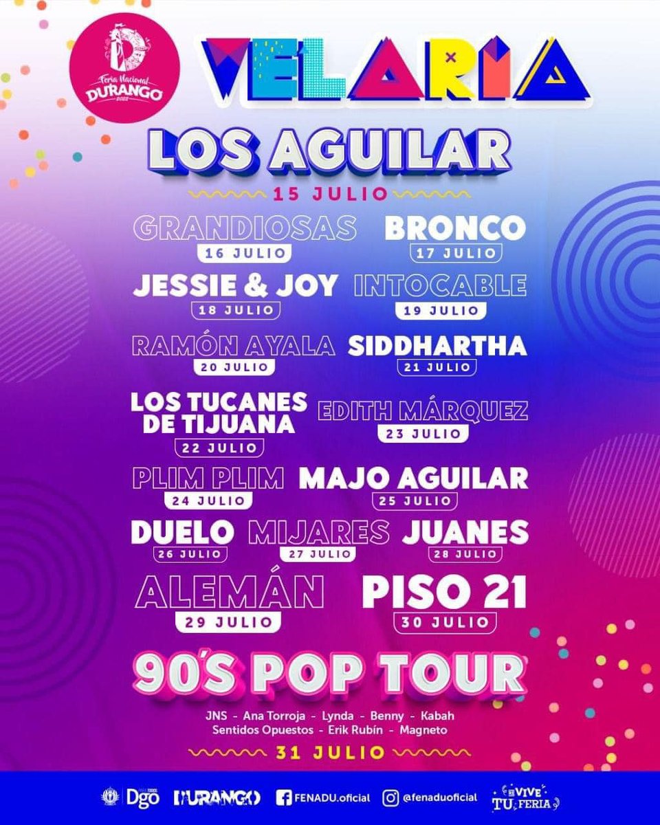 DondeHayFeria's tweet photo. 🎡FERIA NACIONAL DURANGO 2022🎉
💙💜VELARIA💜💙

🔷 @90sPopTour
🔷 @piso21music
🔷 @LosTucanesDeTJ
🔷 #MajoAguilar
🔷 @MxAlemanMx
🔷 @juanes
🔷 @GranDiosasDOCE
🔷 #GrupoIntocable
🔷 @IamSiddhartha
🔷 @EdithMarquezL
🔷 @DUELOOFICIAL
🔷 #RamónAyala
¡Y más!

https://t.co/nb8BQawpIb https://t.co/XgYWx20Gn4