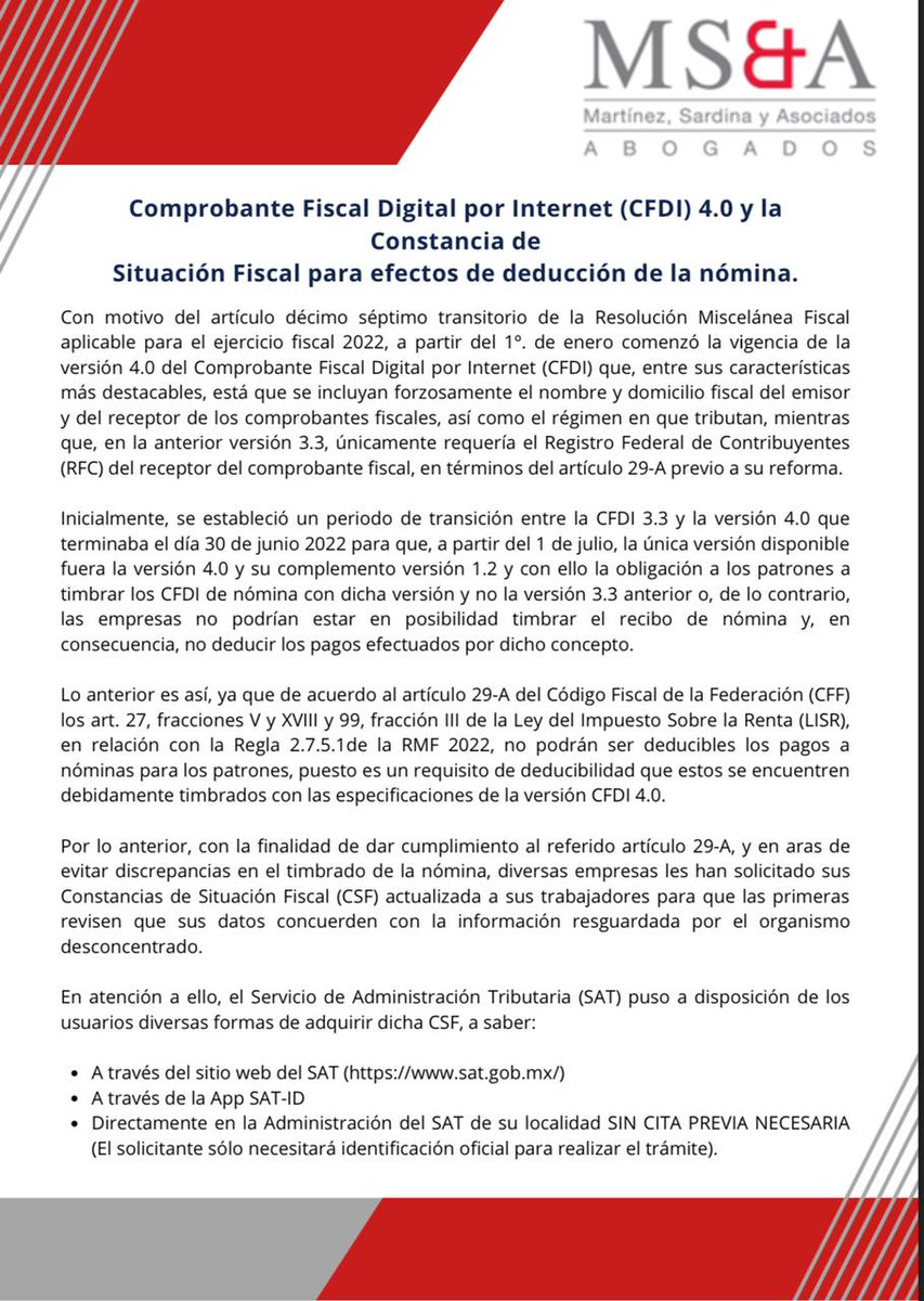 MSAABOGADOS_SC's tweet photo. Nuevo CFDI 4.0 empresas y trabajadores tuvieron dificultades para generar su Constancia d Situación Fiscal por fallas del sistema https://t.co/mAtZd18Jk0
En Martínez, Sardina y Asociados te informamos con lo siguiente
#Abogados #CFDI #Fiscal #TaxLaw #Litigio #MSA #AbogadosMexico https://t.co/N2IhPFZPDD