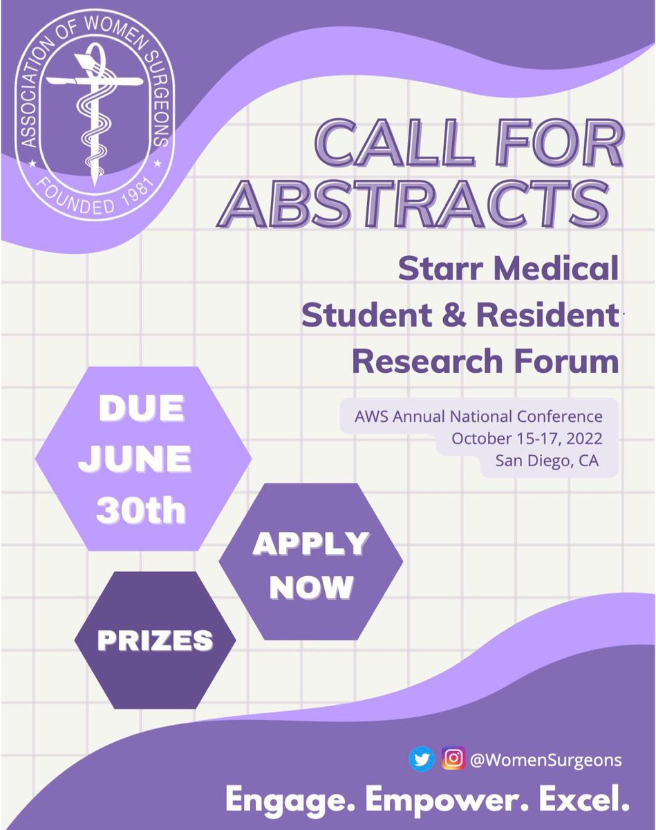Calling all students, residents, and fellows with research to share!

You're invited to submit up to two abstracts of your research to the Starr Medical Student and Resident Research Forum.

Learn More and Submit:
womensurgeons.org/page/Starr2022