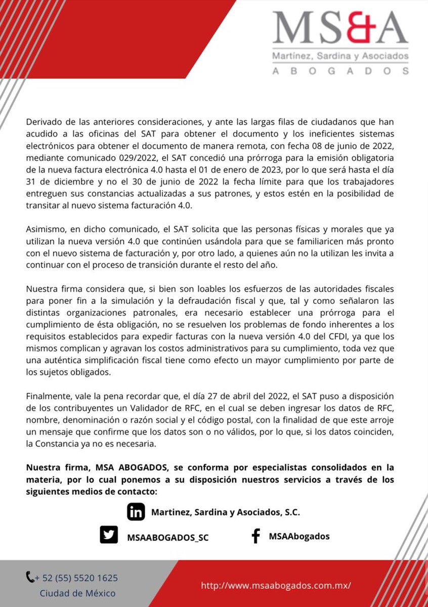 MSAABOGADOS_SC's tweet photo. Nuevo CFDI 4.0 empresas y trabajadores tuvieron dificultades para generar su Constancia d Situación Fiscal por fallas del sistema https://t.co/mAtZd18Jk0
En Martínez, Sardina y Asociados te informamos con lo siguiente
#Abogados #CFDI #Fiscal #TaxLaw #Litigio #MSA #AbogadosMexico https://t.co/N2IhPFZPDD