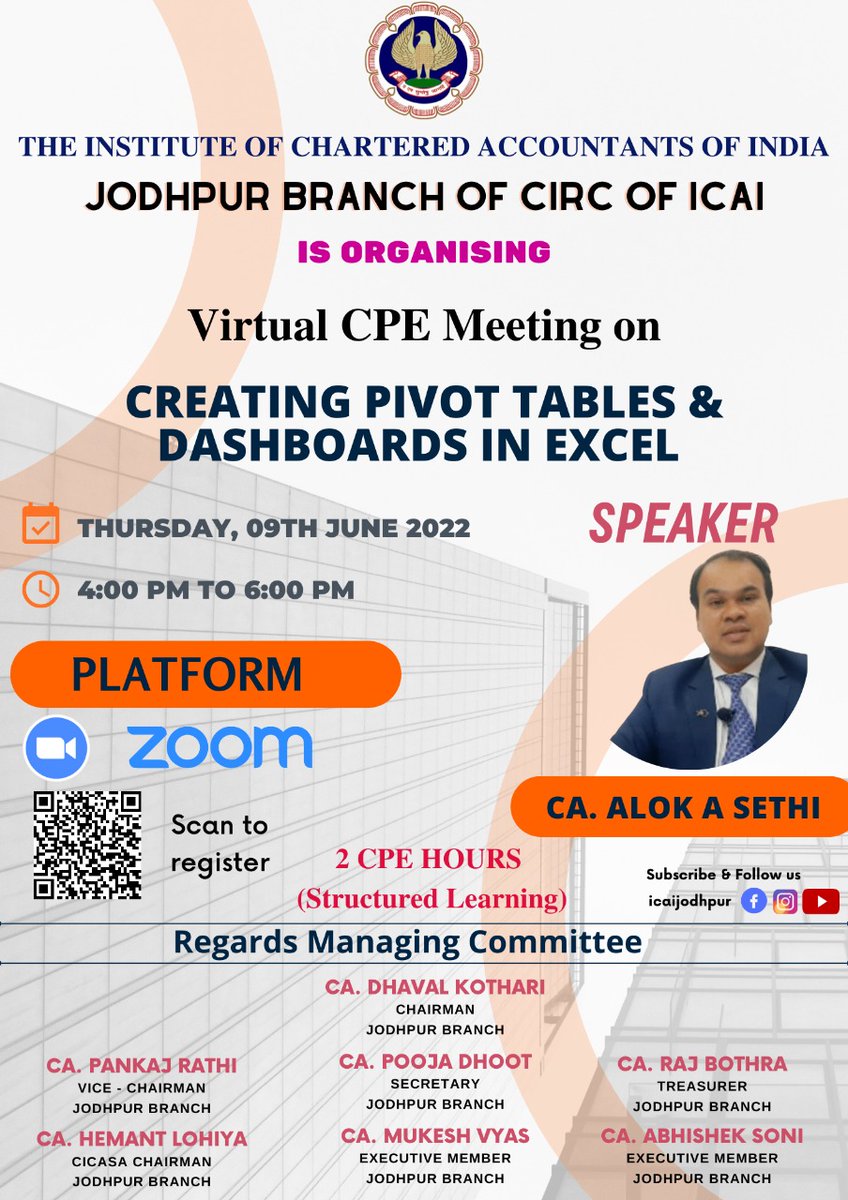 caaloksethi's tweet photo. Gratitude and thanks to Chairman @CADhavalkothari ji and entire managing branch committee members of Jodhpur Branch of ICAI for inviting me to deliberate on Advanced Excel Skills !! #vcm #ca #exceltraining #learnexcelwithme https://t.co/Gfr84J8ulE
