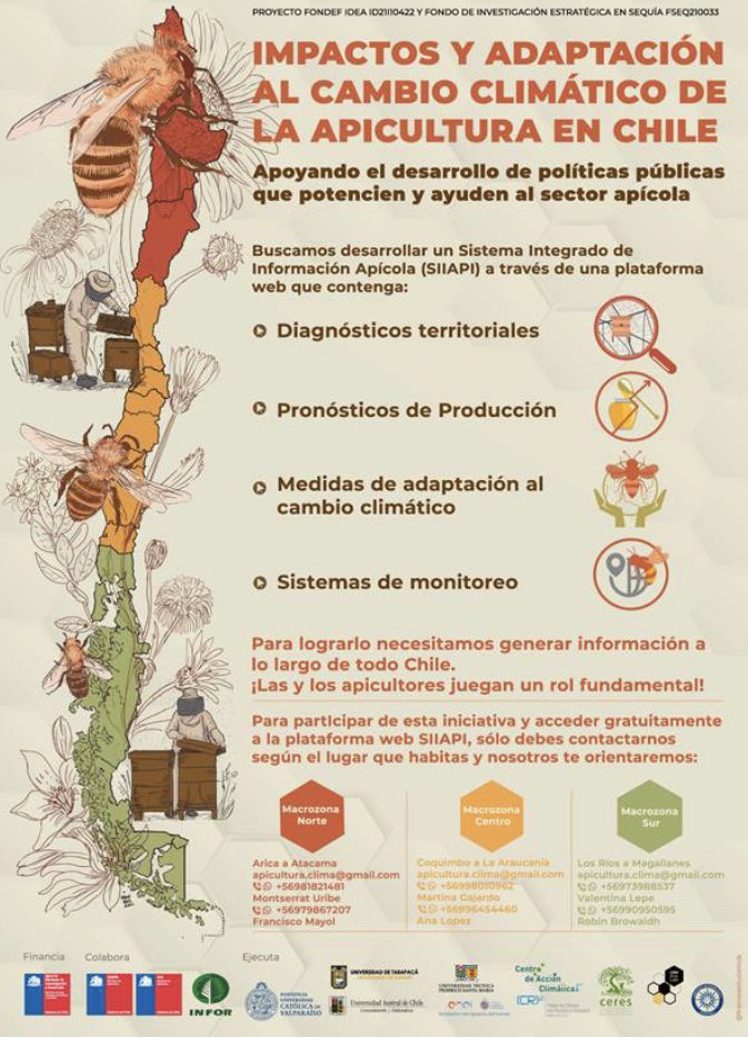 🟢 ATENCIÓN … si quiere ser parte del estudio sobre “Impactos y Adaptación al Cambio Climático en la Apicultura en Chile”responda la siguiente encuesta 👉 forms.gle/83pevyiHi82Kb8…
✅ el proyecto es apoyado por <a href="/INFOR_Minagri/">Instituto Forestal</a>