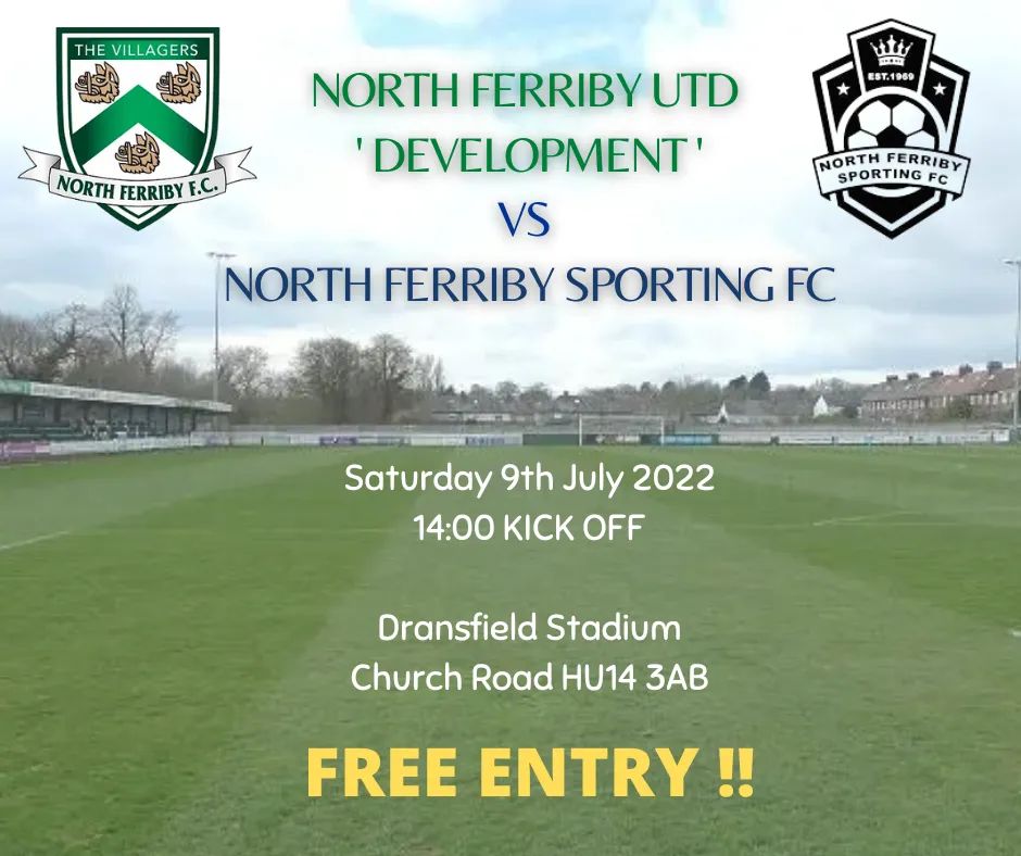 ⚽️ Ferriby vs Ferriby ⚽️

North Ferriby Sporting are delighted to announce a pre season friendly against North Ferriby Utd 'Development' on Saturday 9th July at Dransfield Stadium

The game is FREE ENTRY!!
Come down and support from the stands.

#nfs #northferribysporting