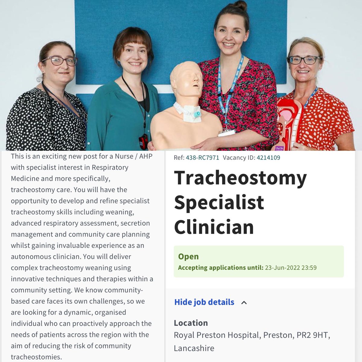 🚨JOB OPPORTUNITY 🚨

We are looking for a N/AHP to come and join us as a B6 “Tracheostomy Specialist Clinician” working across Lancs &amp; S.Cumbria to reduce the risks of community tracheostomies 

lancsteachinghospitals.nhs.uk/join-our-workf…