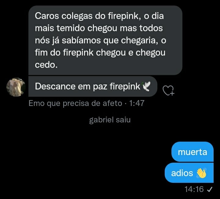 firepink_sqd's tweet photo. Descanse em paz firepink 👋 foi muito bom ser amiga de vocês amo muito! mas todo começo tem um fim e o seu é agora.... adios😢❤ https://t.co/kfHos0o70p