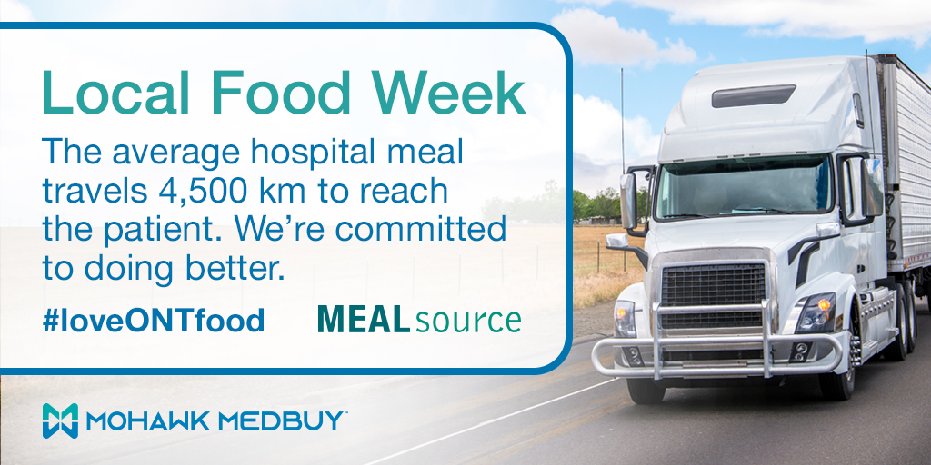 #DYK the avg hospital meal travels 4,500 km to reach the patient? At #MohawkMedbuy, we’re committed to doing better. Through MEALsource, we’re bringing even more locally sourced ingredients to the table for our Members’ patients. #hospitals #LocalFoodWeek #loveONTfood