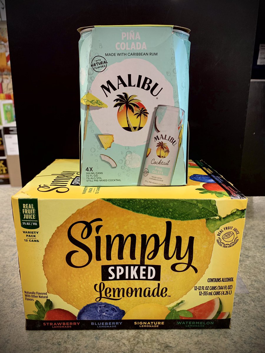 IndianolaWS's tweet photo. New this week. Malibu Cocktails Pina Colada and Simply Spiked Lemonade. https://t.co/j4YWi2Fj4Z