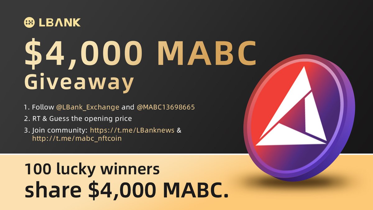 🌋 $MABC #Airdrop!
 
💎100 lucky winners share $4,000 MABC Giveaway
1️⃣ Follow me &amp; <a href="/MABC13698665/">맵시(MABC)</a>
2️⃣ RT &amp; Guess the opening price
3️⃣ Join: t.me/LBanknews &amp; t.me/mabc_nftcoin
4️⃣ Fill in: bit.ly/3xkxoqO

#crypto #giveaway