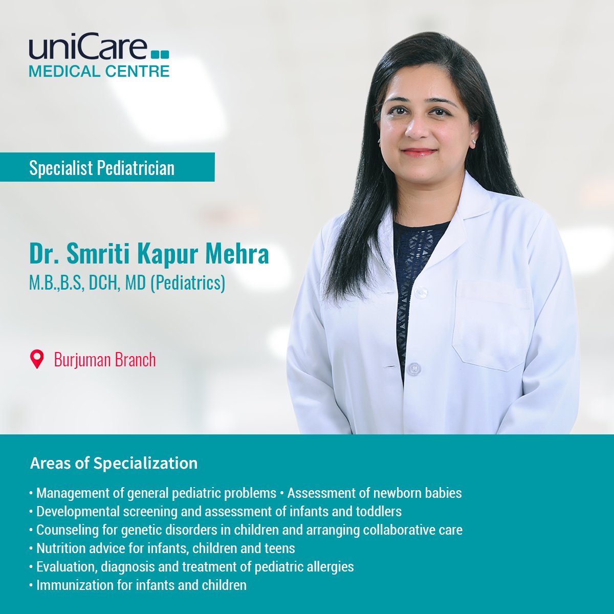 uniCaredubai's tweet photo. Dr. Smriti Mehra (Specialist Pediatrician) is available for consultation at unICare Burjuman!
Call 04 352 9292 for appointments! https://t.co/MWC6MqSRTX