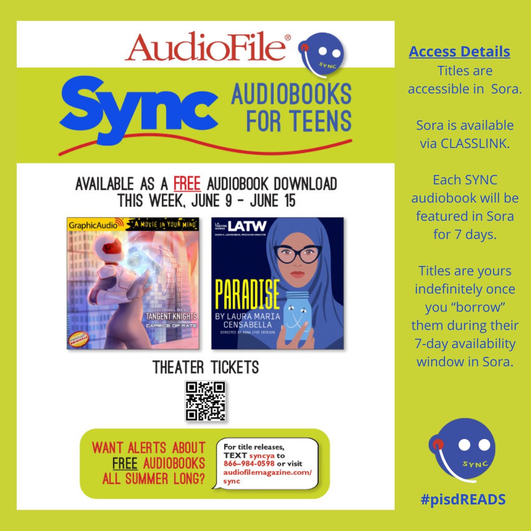 mavlibrary's tweet photo. Week 7 of #audiobookSYNC2022: Theater Tickets
Get these 2 amazing audiobooks via SORA (access through ClassLink) for FREE by next Wednesday, June 15!
#mavlibrary #mavsREAD #pisdREADS #syncYA https://t.co/G4ECHOqx7d