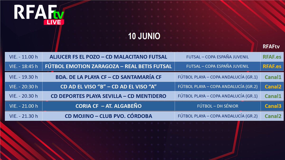 RFAF's tweet photo. 🔥 Se aproxima un fin de semana caluroso y en @RFAF_tv os ofrecemos 2⃣7⃣ partidazos para disfrutar desde casa:
✔️#CopadeEspaña #Futsal
✔️#AndaluzClubesPlayaSénior
✔️#DHS
✔️#PrimeraFSF
✔️#CopadeAndalucía
✔️Ascenso a #PrimeraNacional
📺 Todo en directo con #RFAFtv https://t.co/t0QO86TGph