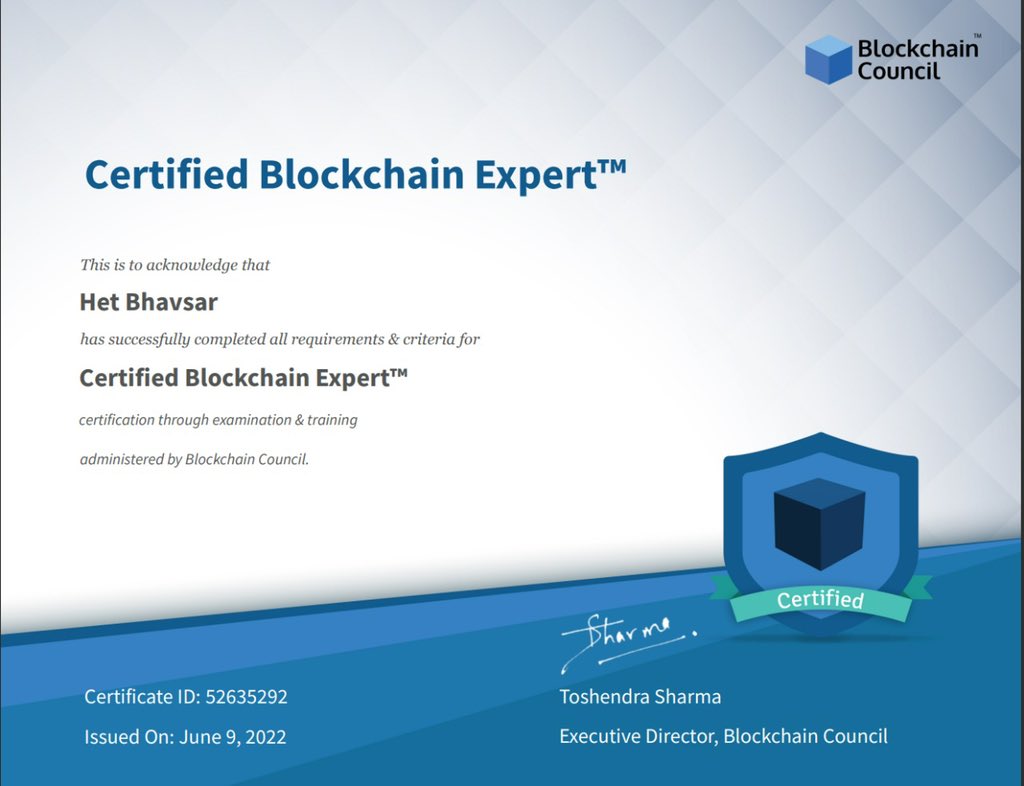 Finally after efforts of months became Certified Blockchain Expert by @ChainCouncil & I have learned the fundamental aspects of block structure, cryptographic algorithms, Concept of Merkle hash , PKI and alot more ! 

#blockchain #cryptocurrency