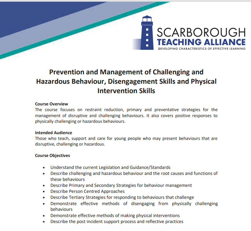 ScarboroTeach's tweet photo. 📌Prevention and Management of Challenging and Hazardous Behaviour, Disengagement Skills and Physical Intervention Skills📌

Is this a programme that would benefit your setting?

👥For more information please contact a.southall@coastandvale.academy https://t.co/PyucAO2qGa