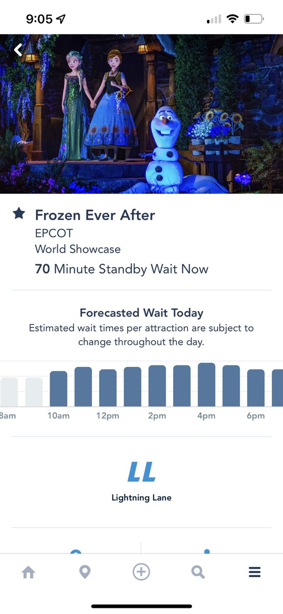 KevinTaylorNC's tweet photo. I feel this “forecasted wait” chart from the @Disney app could use a couple improvements. 1st there’s no axis, label or hover to let you know the actual times, just a relative view. 2nd there is 1.5 bars you have to scroll to see…plenty of room to fit to screen. Thoughts? https://t.co/A9U7p5mcz6