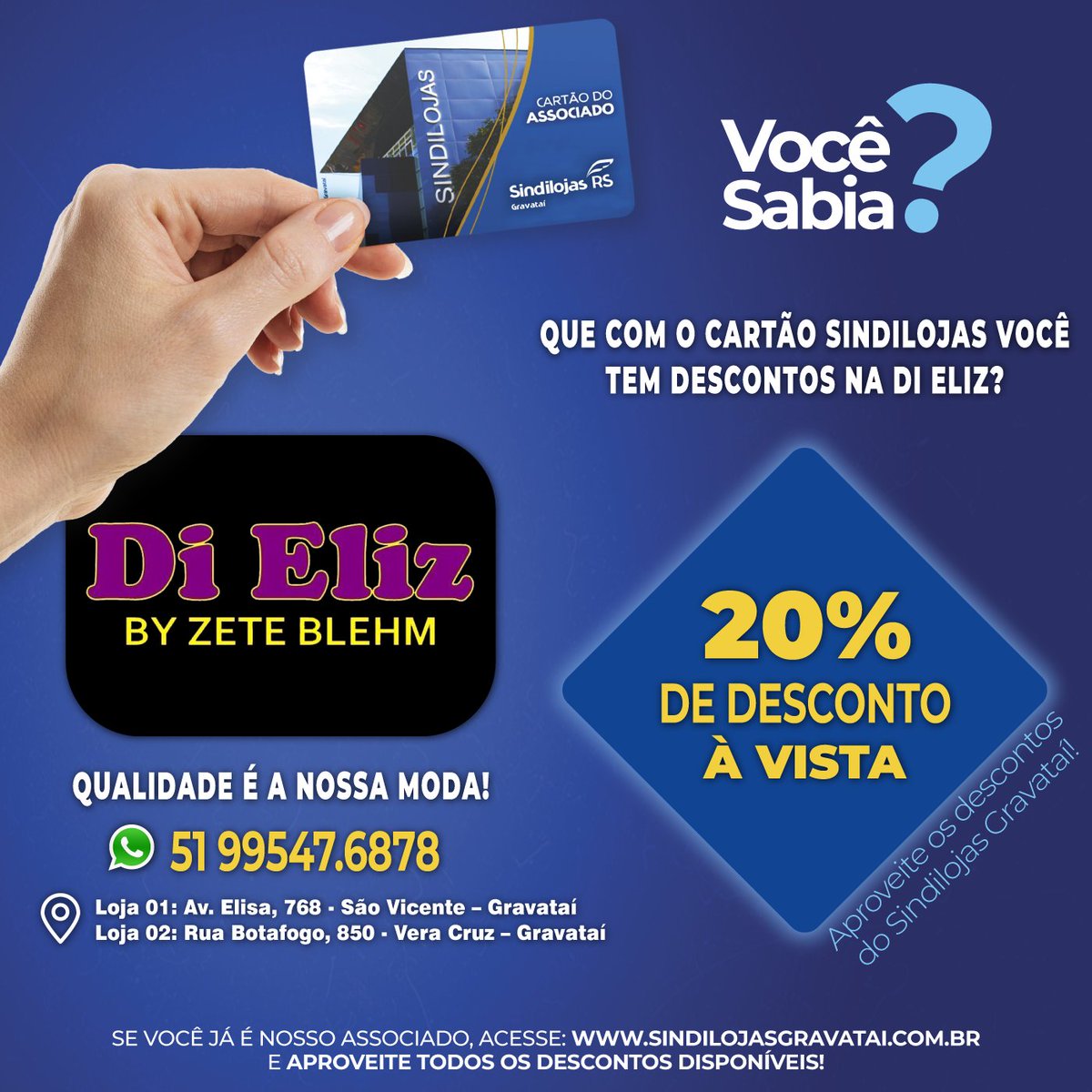 sindilojas's tweet photo. Seja um associado do Sindilojas e faça parte do GUIA DE DESCONTOS.

Com o cartão Sindilojas você tem 20% DE DESCONTO na Di Eliz nos produtos com formato de pagamento à vista.

Entre em contato pelo fone:
(51) 99547-6878

@loja.dieliz https://t.co/paLMpg8U2V