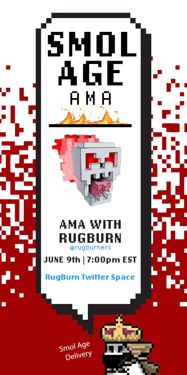 SmolAge_NFT's tweet photo. AMA today with the @rugburners team

7PM EST

Will drop a link to the space later today

****FOR THE WHITELIST HUNTERS****

1) RT this for Whitelist
2) Go say OOGA in the Smol Age Discord
3) Comment the screenshot of above on this post^^^ https://t.co/z2FFKLpNfQ
